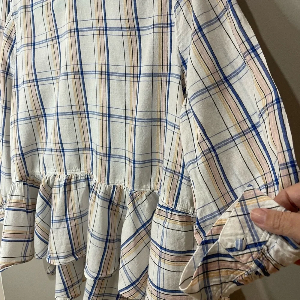 ANTHROPOLOGIE Maeve Plaid Ruffle Blouse Top Long Sleeve High Low Hem SZ 10 EUC - Picture 5 of 10
